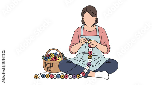 Harmony in Creation: A woman finds solace in the rhythmic art of crochet, surrounded by a basket of colorful flowers and her handcrafted masterpiece. Her focused expression radiates tranquility.
