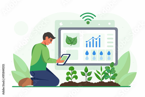 Man monitoring plant growth data on a tablet in a garden scene