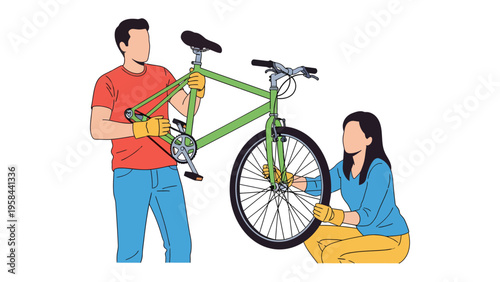 Repairing a bicycle: A duo, united in purpose, working meticulously to restore a bicycle, highlighting the value of teamwork and the satisfaction of craftsmanship.