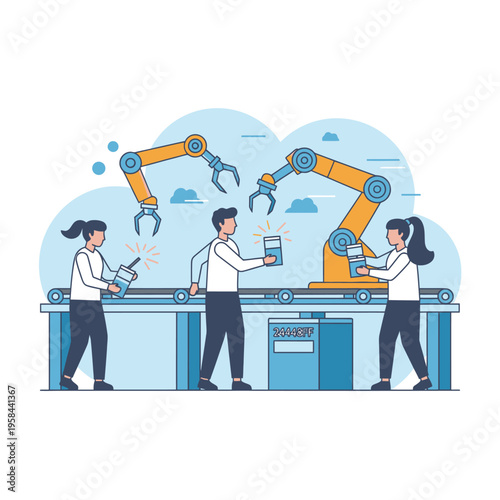 Robotic Arms and Engineers Working Together in a Factory.