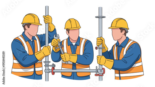 Construction Crew: Construction workers wearing hard hats and safety vests meticulously assemble scaffolding, demonstrating expertise and teamwork.
