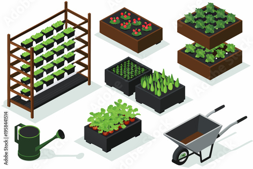 Isometric garden setup with seedlings planters and gardening tools displayed