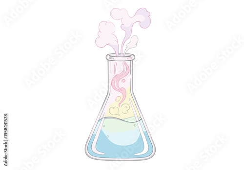 Cartoon flask with colorful liquid and pink smoke emitting from the top