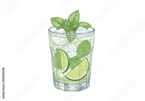 Refreshing mojito cocktail with mint leaves and lime slices in a tall glass