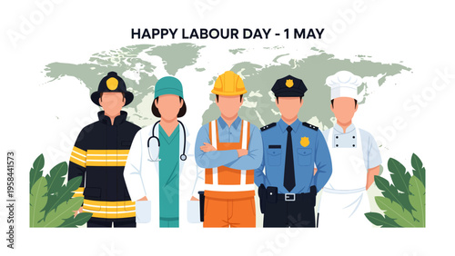 A Celebration of Labor: A vibrant illustration honoring various professions and workers on International Labor Day, with a global backdrop symbolizing the universal recognition of labor.