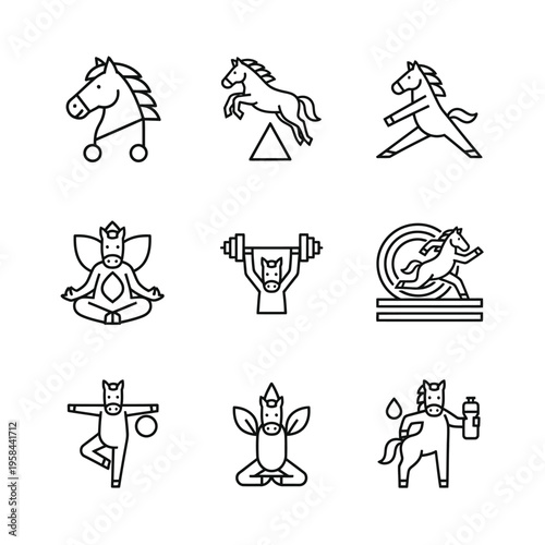 Set of Horse Icons Representing Various Activities and Lifestyles.