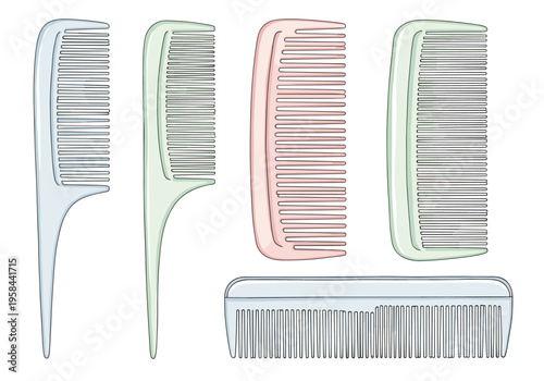 Collection of colorful plastic combs for hair styling and grooming