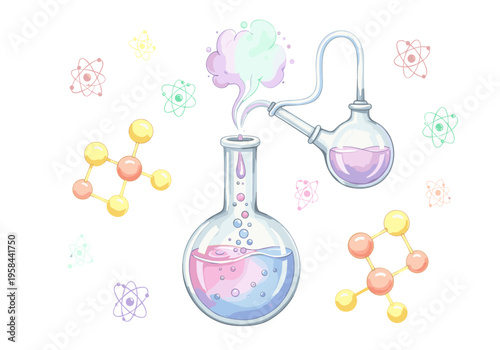 Cartoon chemistry experiment with colorful molecules and atomic symbols