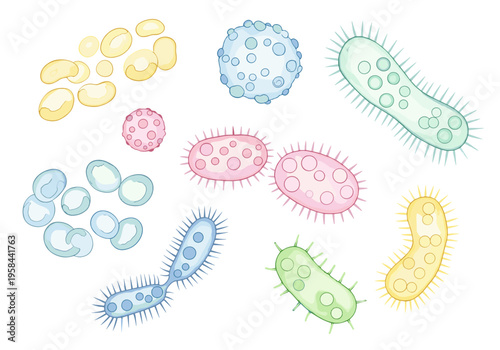 Collection of colorful cartoon bacteria and viruses with different shapes and sizes
