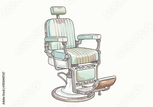 Vintage barber chair with footrest and adjustable headrest on white background