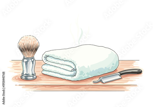 Classic shaving essentials with a warm towel and razor on wooden surface