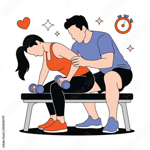 A man assisting a woman with dumbbells on a bench during a workout