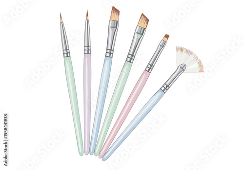 Collection of assorted art brushes with pastel colored handles on white background