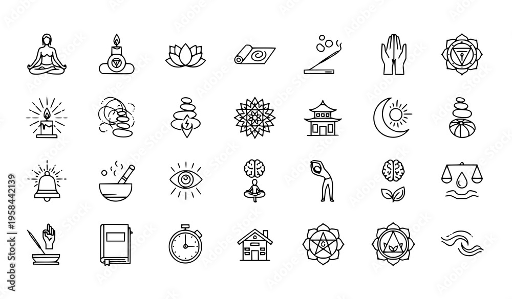 Fototapeta premium Meditation and Spiritual Practice Pixel Perfect Thin Line Vector Icons Set with Yoga and Mindfulness Symbols