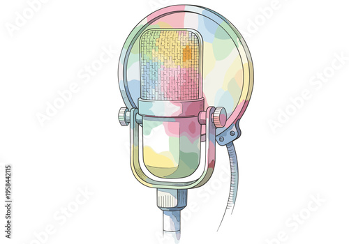 Retro microphone with colorful watercolor splashes and artistic design