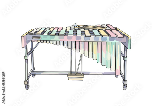 Colorful marimba musical instrument with mallets on a white background