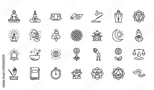 Meditation and Spiritual Practice Pixel Perfect Thin Line Vector Icons Set with Yoga and Mindfulness Symbols