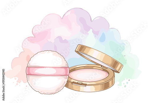 Cute illustration of a powder compact and puff with soft pastel watercolor background