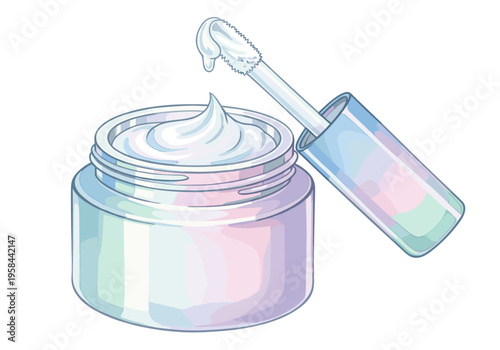 Jar of cosmetic cream with applicator wand and creamy texture