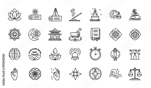 Mindfulness Yoga and Spiritual Wellness Thin Line Icon Collection Pixel Perfect Vector Set