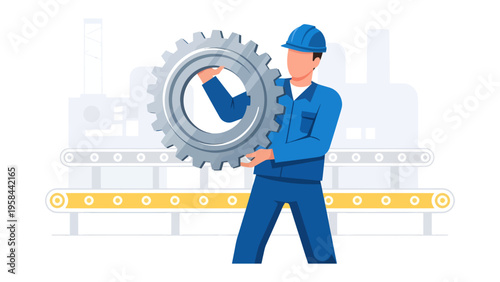 Engineering Precision: An industrial worker in blue coveralls and a hard hat carefully positions a massive gear within a dynamic industrial setting.