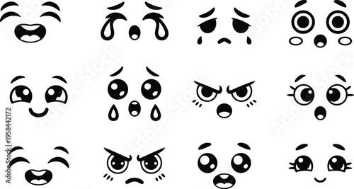 Collection of cute cartoon emoji face silhouettes with various expressions like happy sad angry surprised crying and joyful isolated on a white background.