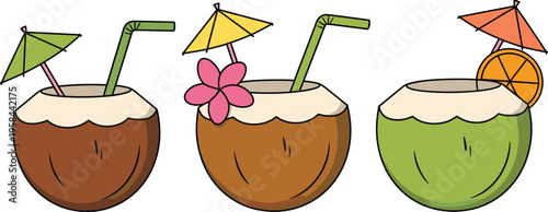 Flat coconut cocktail drinks illustration with tropical beverages umbrellas straws fruit garnish vector design for summer party bar menu collection