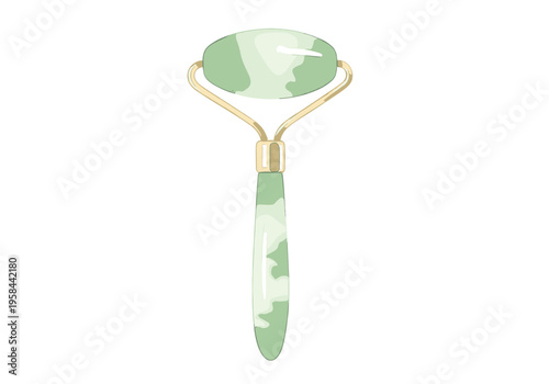 Green jade facial roller with gold accents for skincare and beauty routines