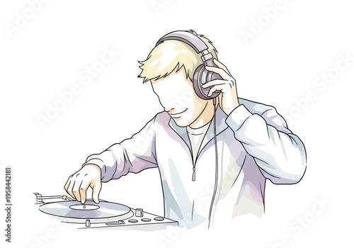 Young man with headphones operating a turntable and mixing music