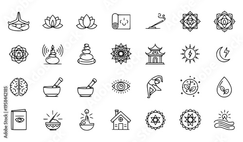 Spiritual Meditation and Yoga Pixel Perfect Thin Line Vector Icons for Wellness and Mindfulness Apps