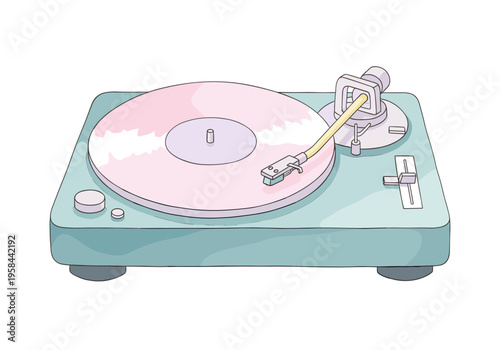 Retro turntable with pink vinyl record playing music