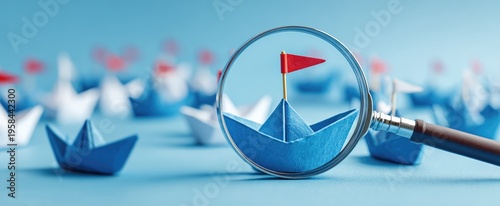 A blue paper boat with a red flag is magnified by a lens, focusing on its details amidst many boats. The background is blurred