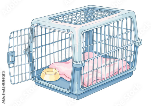Open pet carrier with pink bedding and water bowl inside for travel
