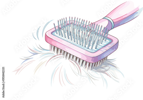 Close-up of a pink pet grooming brush detangling white fur on a white background