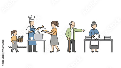 Communal Meal Preparation: Illustrative depiction of a communal meal preparation scenario, capturing the act of food service with a focus on teamwork and giving.