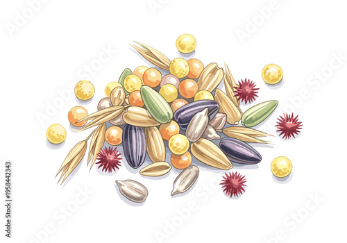 Assortment of various grains and seeds including sunflower and oat kernels
