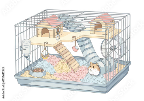 Cute hamster enjoying its elaborate multi-level cage with tunnels and toys