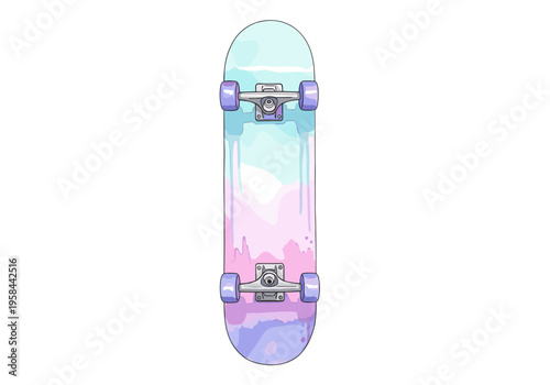 Colorful abstract skateboard design with pastel hues and artistic splashes