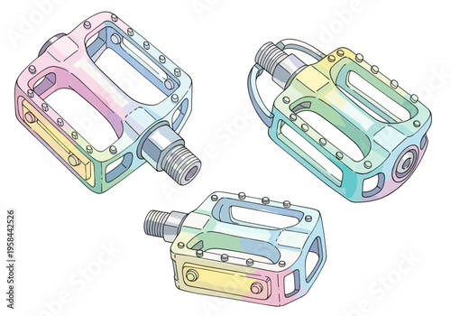 Colorful bicycle pedals in isometric view with pastel watercolor effect
