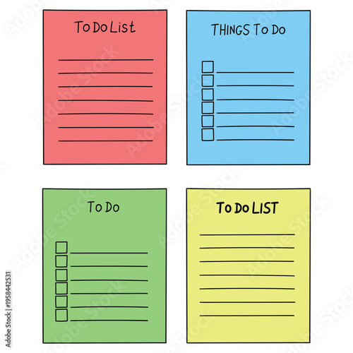 Hand-drawn cartoon set of to do lists on a white background.