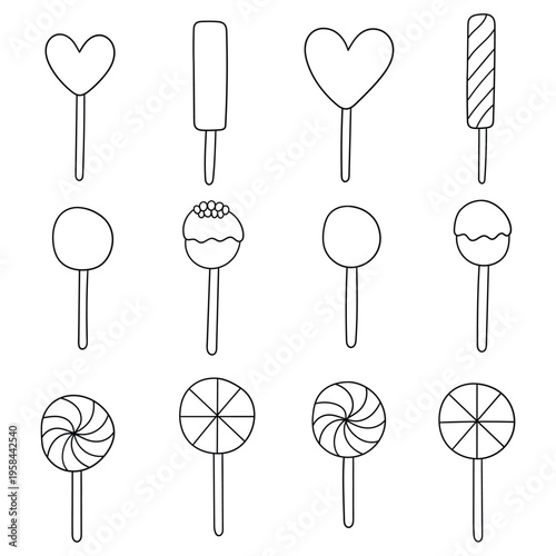 Hand-drawn doodle set of lollipops on a white background.