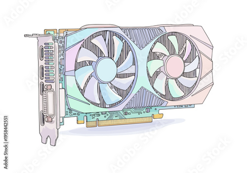 Stylized illustration of a dual-fan graphics card with pastel colors