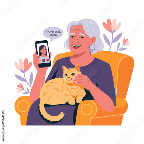 Smiling senior woman video calls family while holding a small orange cat.