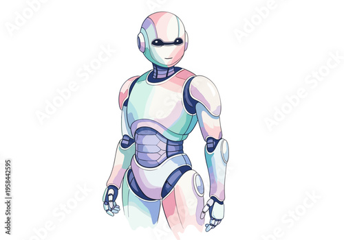 Friendly humanoid robot with pastel colors and a cheerful expression