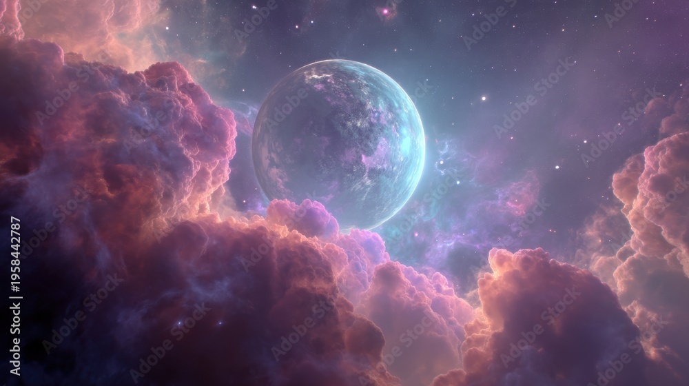 Fototapeta premium Mystical Planet Among Colorful Cosmic Clouds