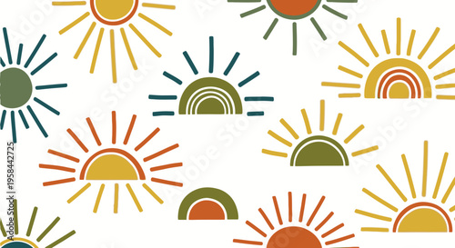 Seamless bohemian sun pattern with earthy tones. Abstract sunrise design ideal for fabric, wallpaper, summer decor, and digital backgrounds.