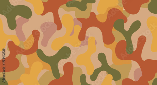 Seamless abstract camouflage pattern in earthy tones, featuring organic shapes and a modern flat design. Ideal for backgrounds, textiles, and military-inspired graphics.