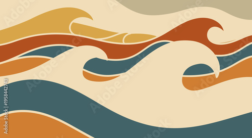 Abstract retro ocean waves illustration with a warm and cool color palette, perfect for backgrounds, bohemian designs, and serene digital art.