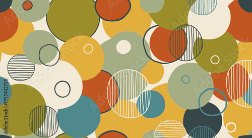 Seamless retro abstract circle pattern with hand-drawn textures in earthy tones. Vintage geometric design for fabric, wallpaper, or digital backgrounds.