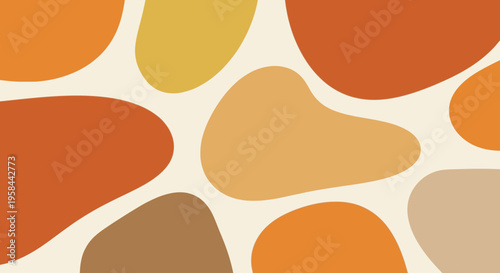 Retro abstract background with organic amoeba shapes in warm earthy tones of orange, brown, and yellow, creating a stylish mid-century modern pattern.